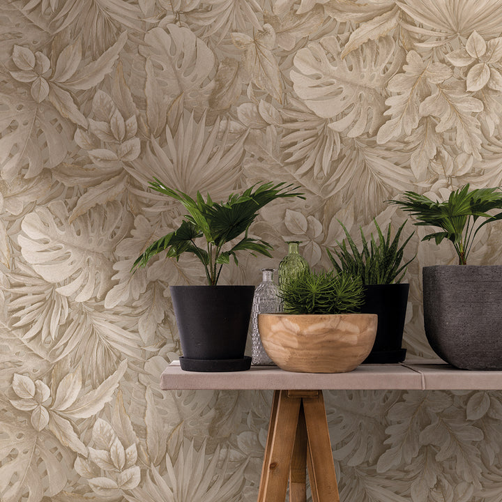 Текстилен ефект Тапет Цветя Бежови Листа Крем Ботаника