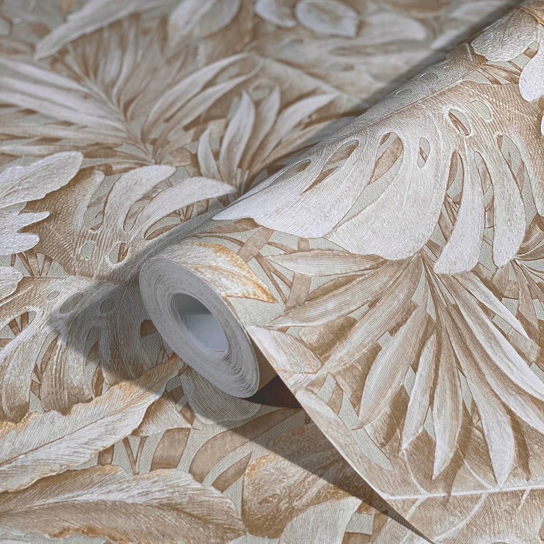 Текстилен ефект Тапет Цветя Бежови Листа Крем Ботаника