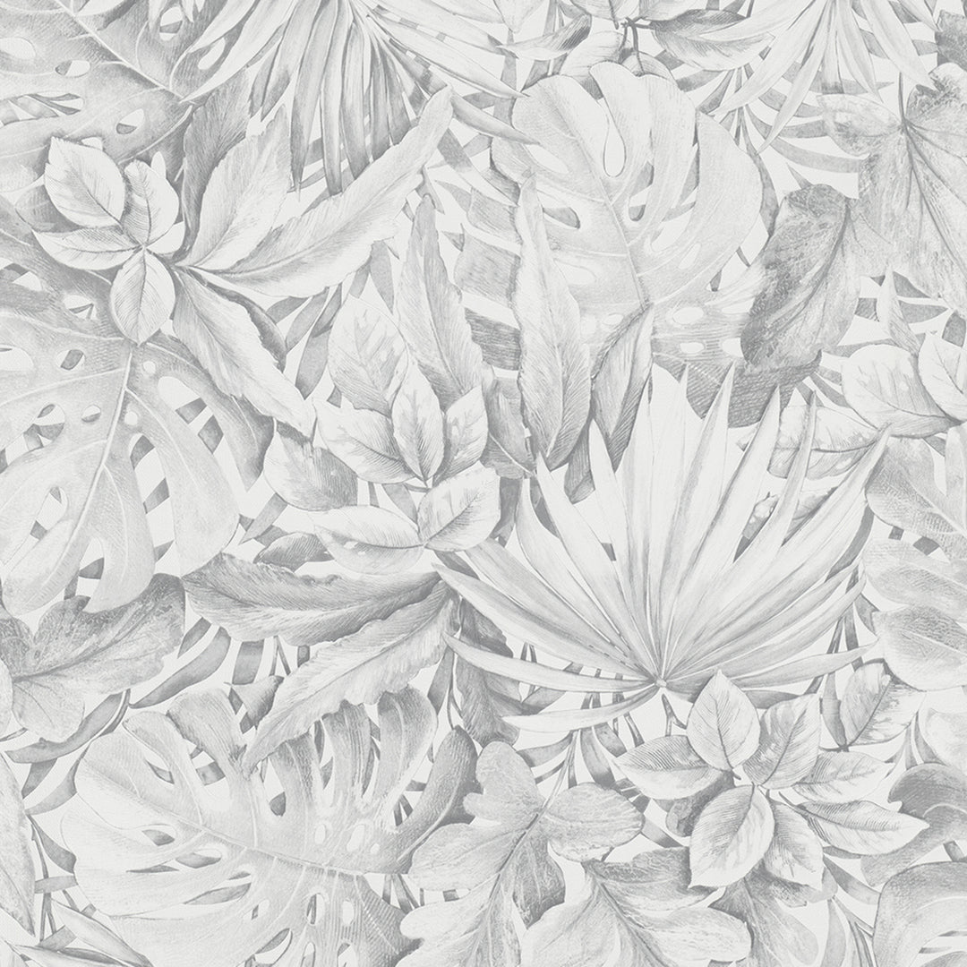Текстилен ефект Тапет Цветя Сиви Листа Бял Ботаника
