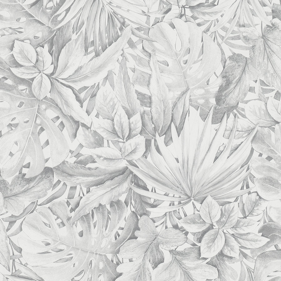 Текстилен ефект Тапет Цветя Сиви Листа Бял Ботаника