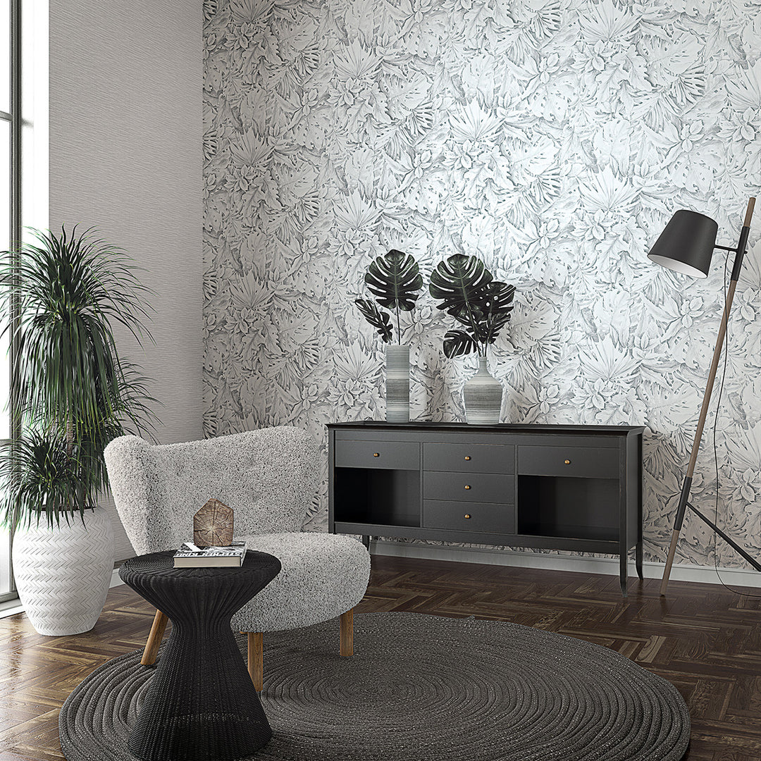 Текстилен ефект Тапет Цветя Сиви Листа Бял Ботаника