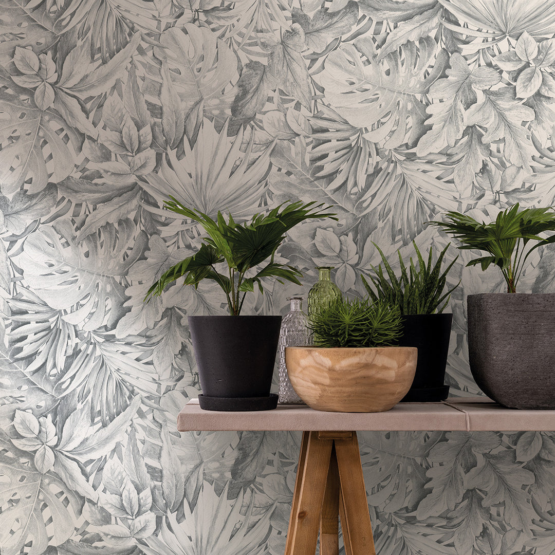 Текстилен ефект Тапет Цветя Сиви Листа Бял Ботаника