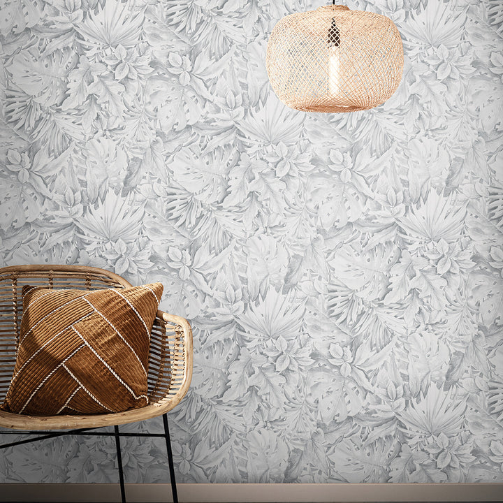 Текстилен ефект Тапет Цветя Сиви Листа Бял Ботаника
