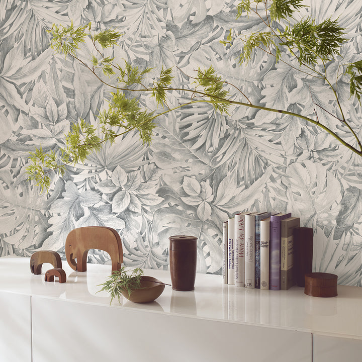 Текстилен ефект Тапет Цветя Сиви Листа Бял Ботаника