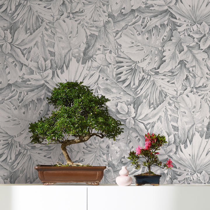 Текстилен ефект Тапет Цветя Сиви Листа Бял Ботаника