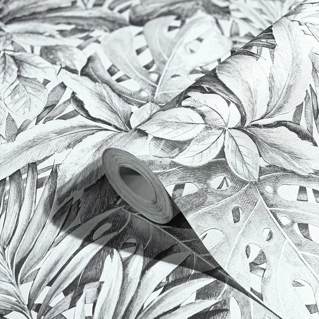 Текстилен ефект Тапет Цветя Сиви Листа Бял Ботаника