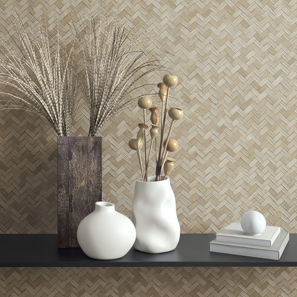 Текстилен ефект Тапет Геометричен Плетеница Беж Ботаника