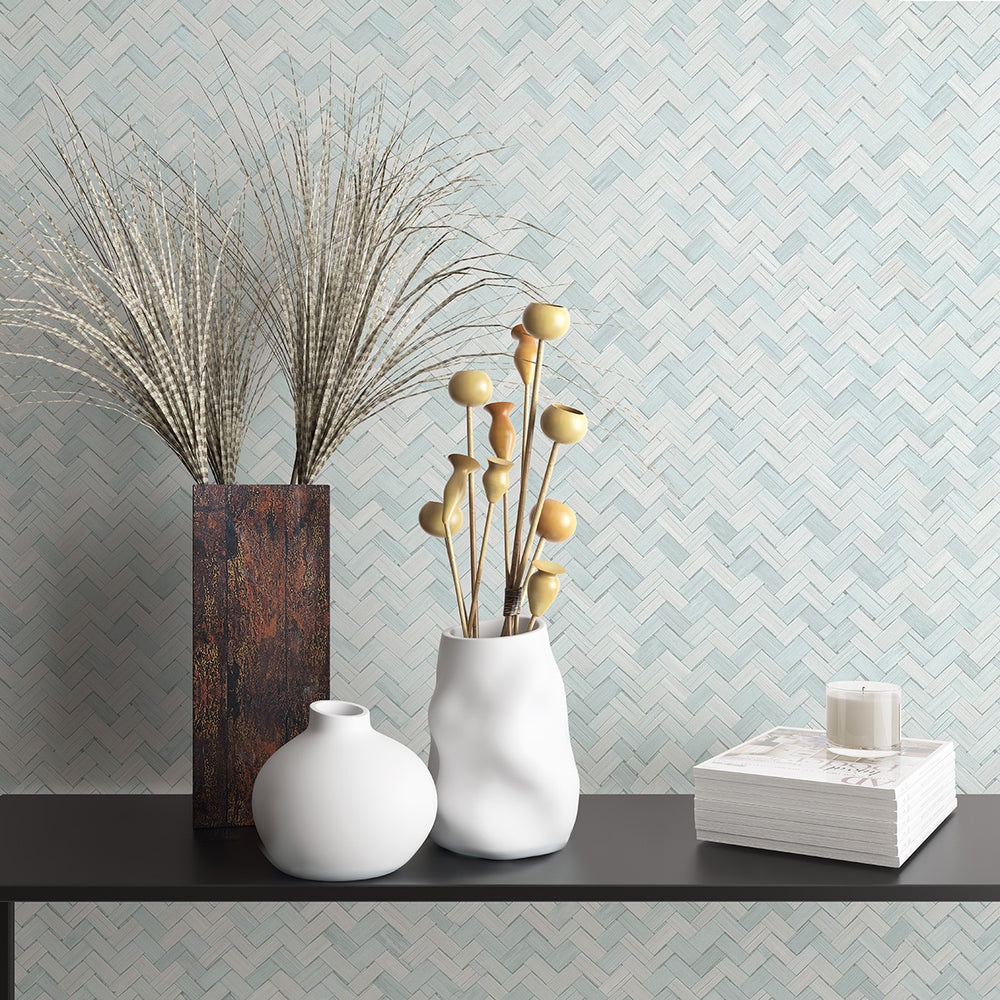 Текстилен ефект Тапет Геометричен Плетеница Тюркоаз Ботаника