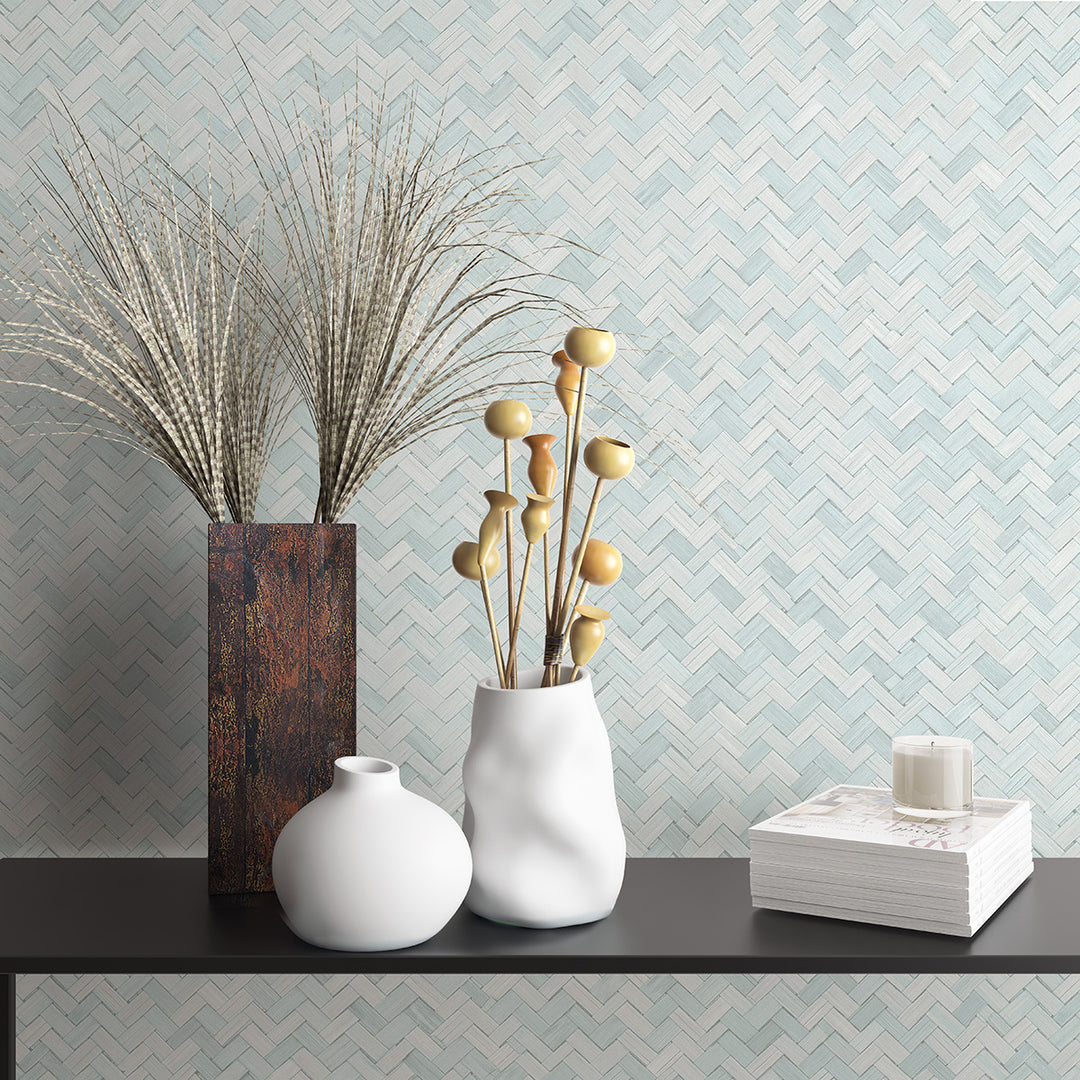 Текстилен ефект Тапет Геометричен Плетеница Тюркоаз Ботаника