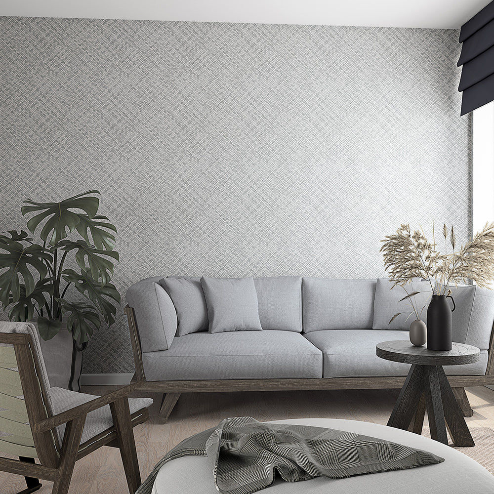 Текстилен ефект Тапет Геометричен Плетеница Сив Ботаника
