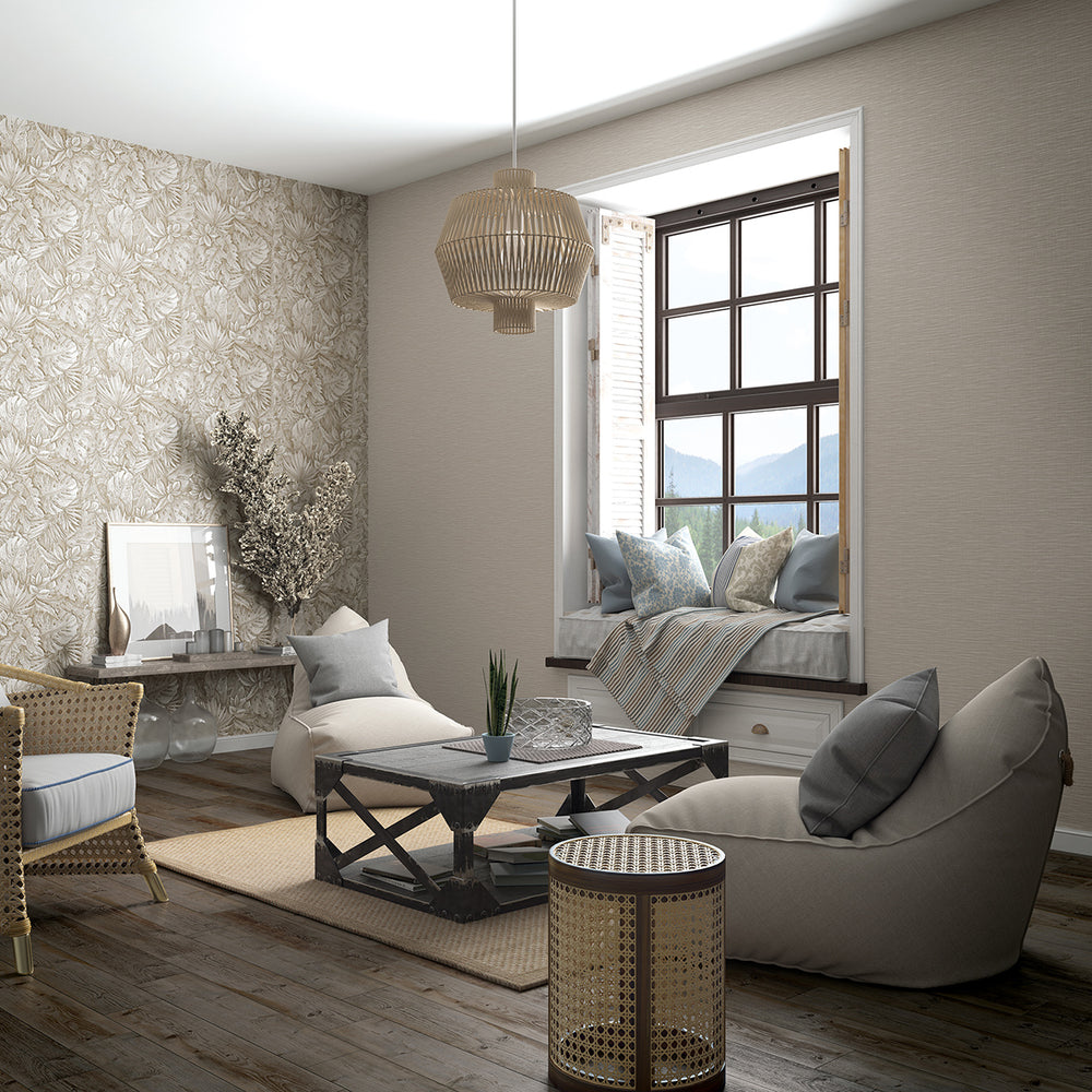 Текстилен ефект Тапет Едноцветен Текстил меланж Беж Ботаника