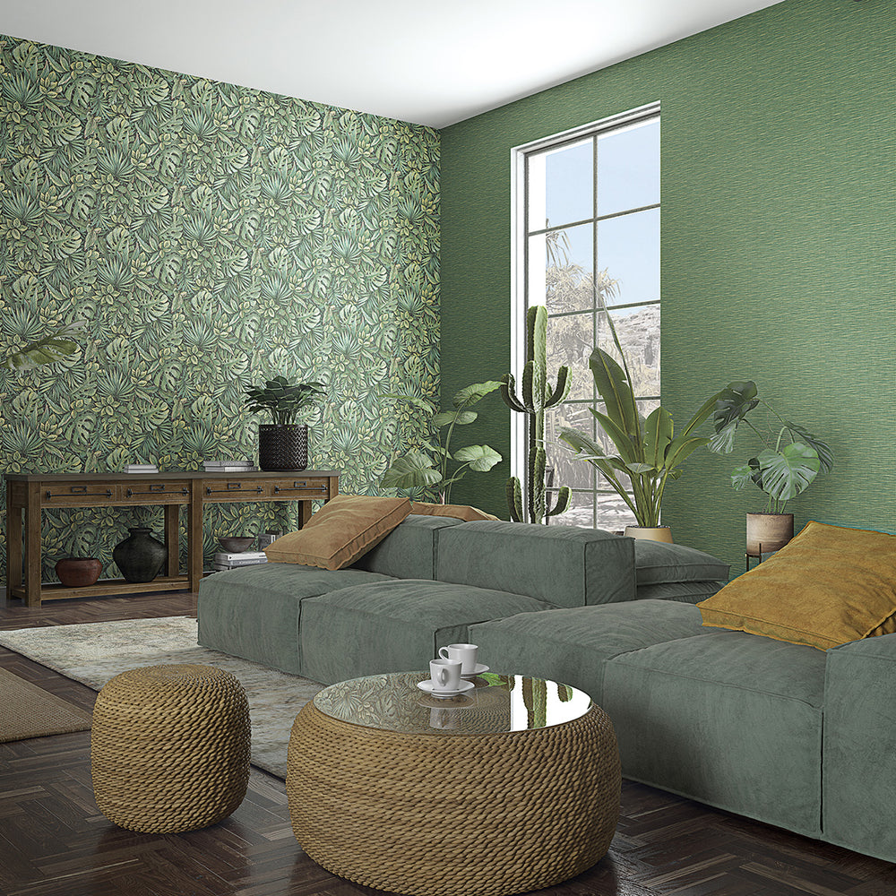 Текстилен ефект Тапет Едноцветен Текстил меланж Зелено Ботаника