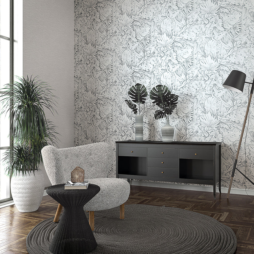 Текстилен ефект Тапет Едноцветен Текстил меланж Сиво Ботаника