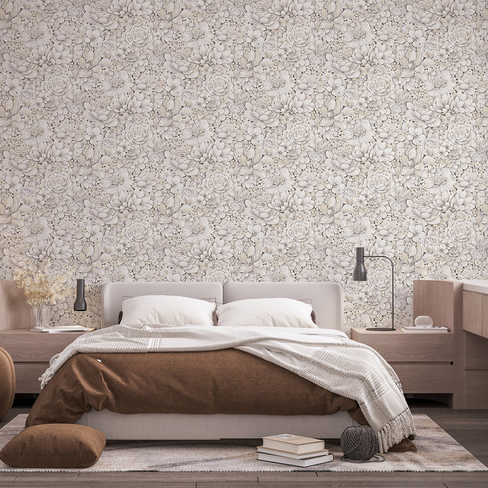 Текстилен ефект Тапет Цветя Цветна Градина Крем Ботаника