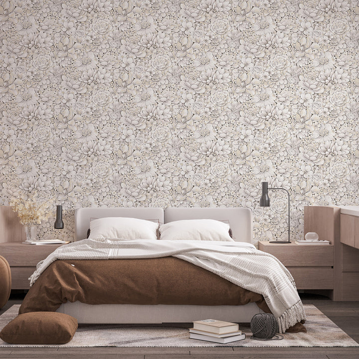 Текстилен ефект Тапет Цветя Цветна Градина Крем Ботаника