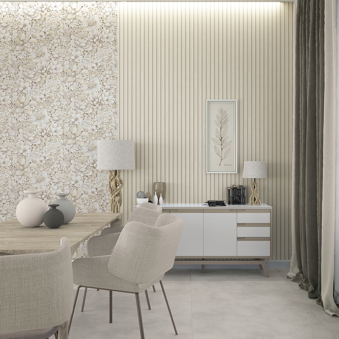 Текстилен ефект Тапет Цветя Цветна Градина Крем Ботаника