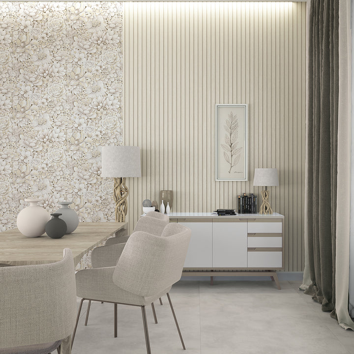 Текстилен ефект Тапет Цветя Цветна Градина Крем Ботаника