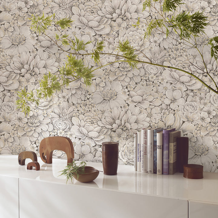 Текстилен ефект Тапет Цветя Цветна Градина Крем Ботаника