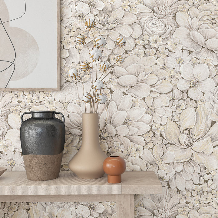 Текстилен ефект Тапет Цветя Цветна Градина Крем Ботаника