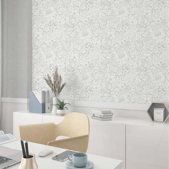 Текстилен ефект Тапет Цветя Цветна Градина Сиво Ботаника