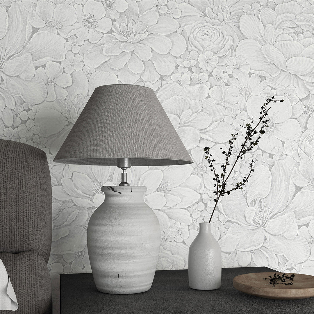 Текстилен ефект Тапет Цветя Цветна Градина Сиво Ботаника