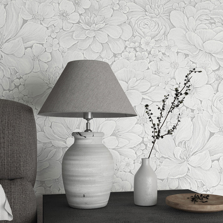 Текстилен ефект Тапет Цветя Цветна Градина Сиво Ботаника