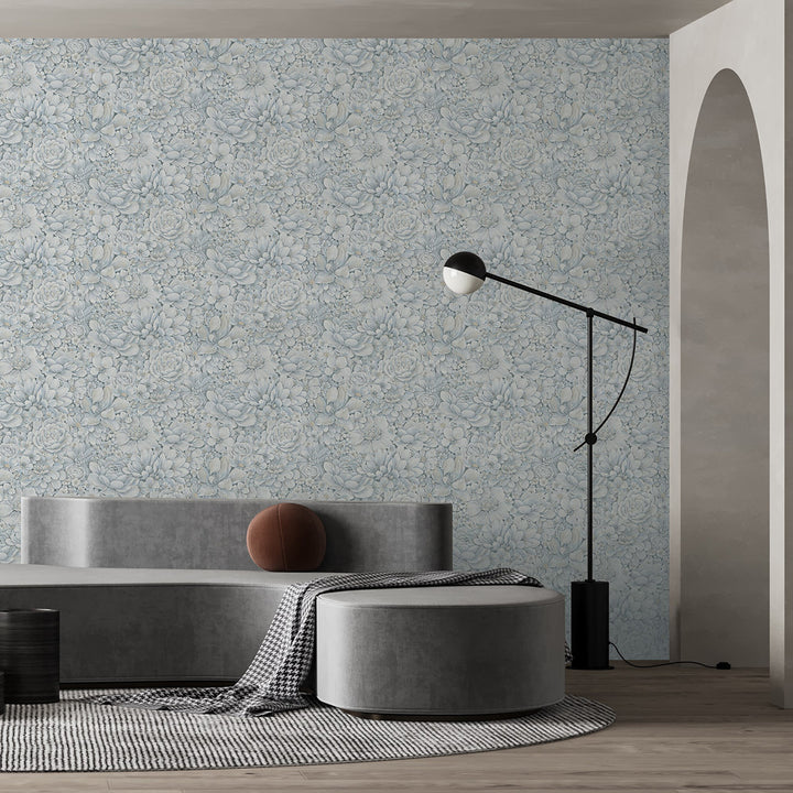 Текстилен ефект Тапет Цветя Цветна Градина Синьо Ботаника