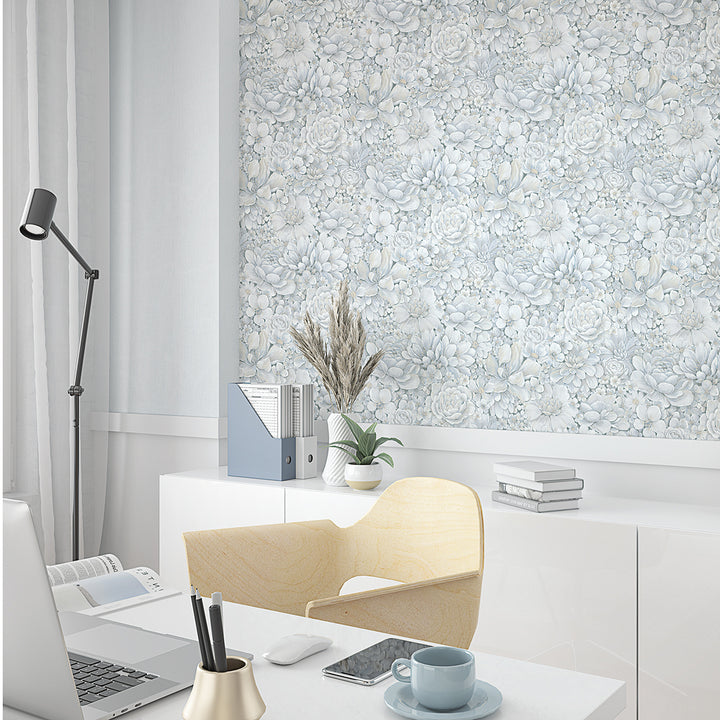 Текстилен ефект Тапет Цветя Цветна Градина Синьо Ботаника