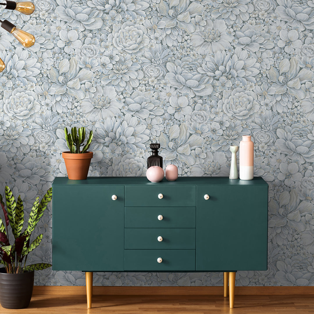 Текстилен ефект Тапет Цветя Цветна Градина Синьо Ботаника