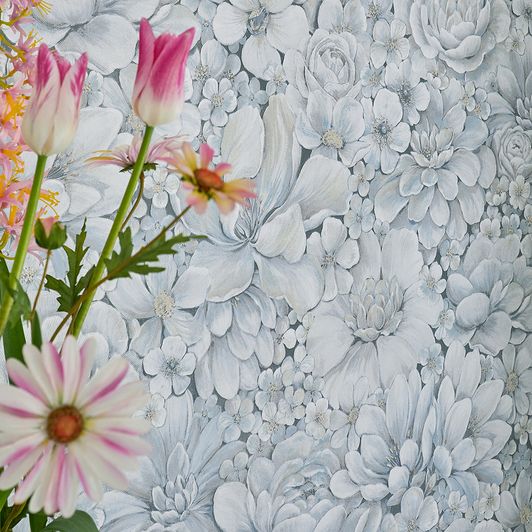 Текстилен ефект Тапет Цветя Цветна Градина Синьо Ботаника