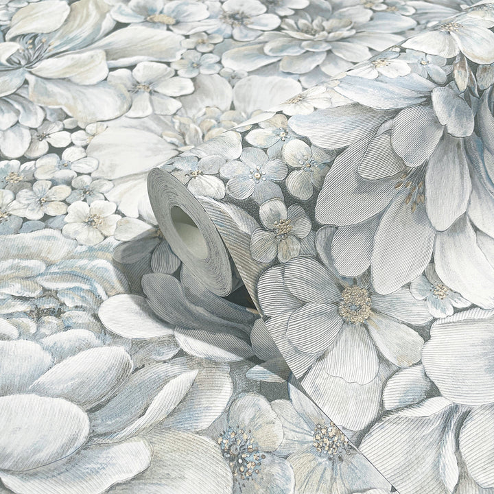 Текстилен ефект Тапет Цветя Цветна Градина Синьо Ботаника