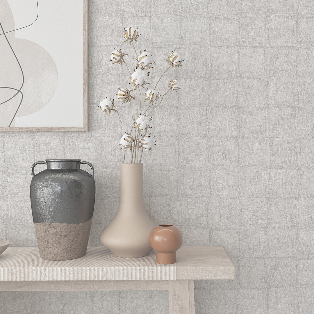 Текстилен ефект Тапет Мазилка Квадрати Сиво-бяло Ботаника