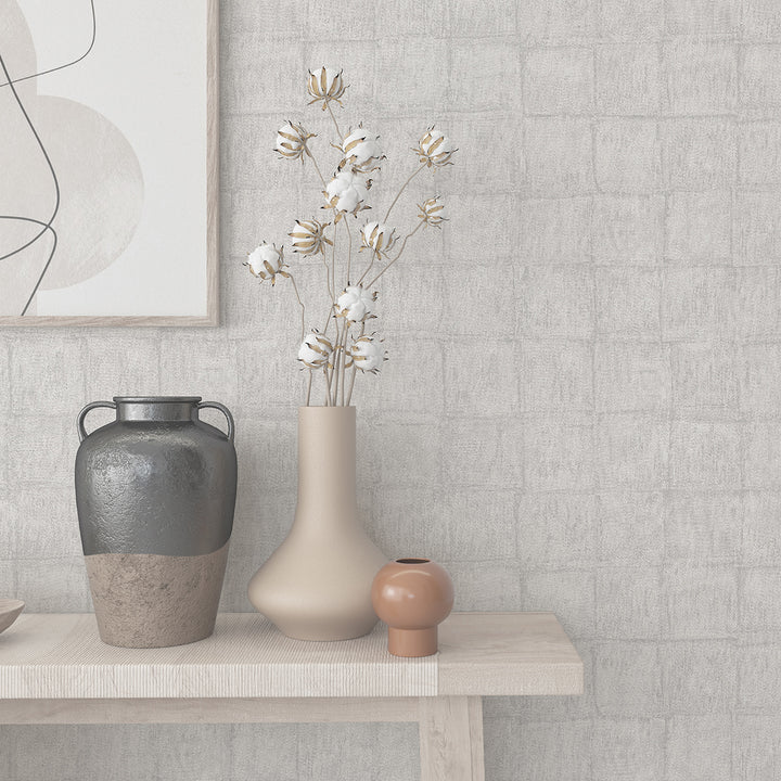 Текстилен ефект Тапет Мазилка Квадрати Сиво-бяло Ботаника