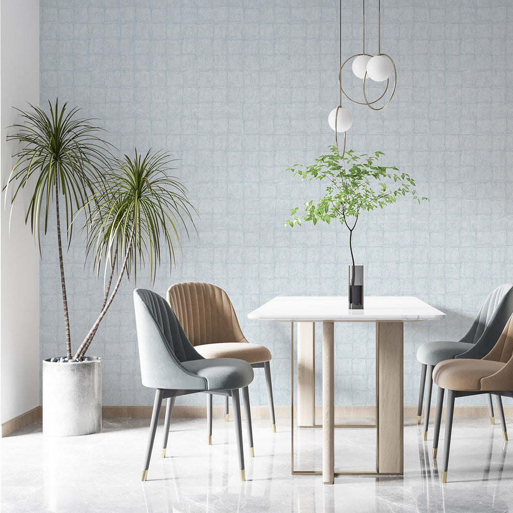 Текстилен ефект Тапет Мазилка Квадрати Сиво-синьо Ботаника