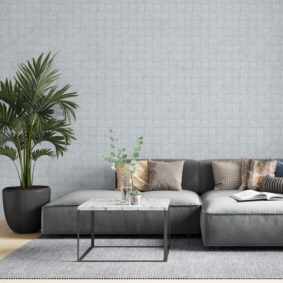 Текстилен ефект Тапет Мазилка Квадрати Сиво-синьо Ботаника
