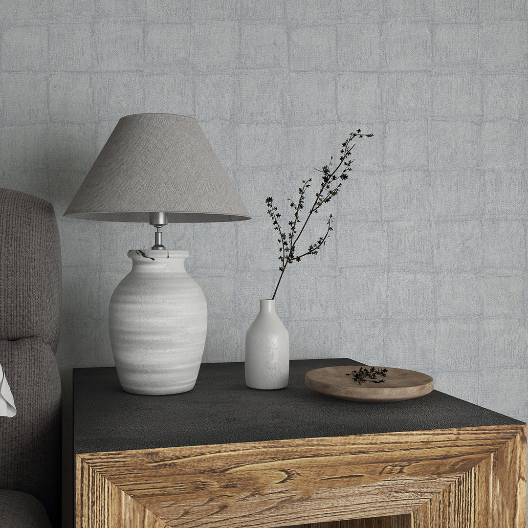 Текстилен ефект Тапет Мазилка Квадрати Сиво-синьо Ботаника