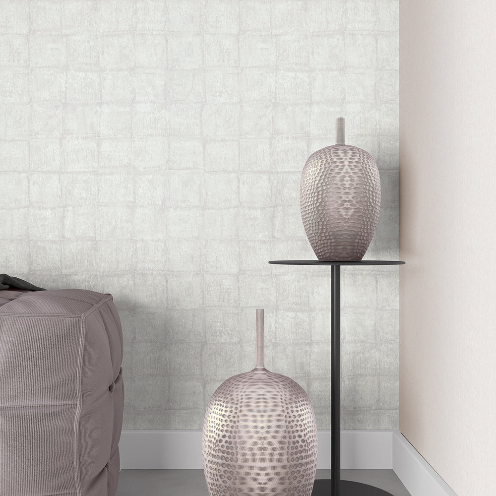 Текстилен ефект Тапет Мазилка Квадрати Сиво-лилаво Ботаника