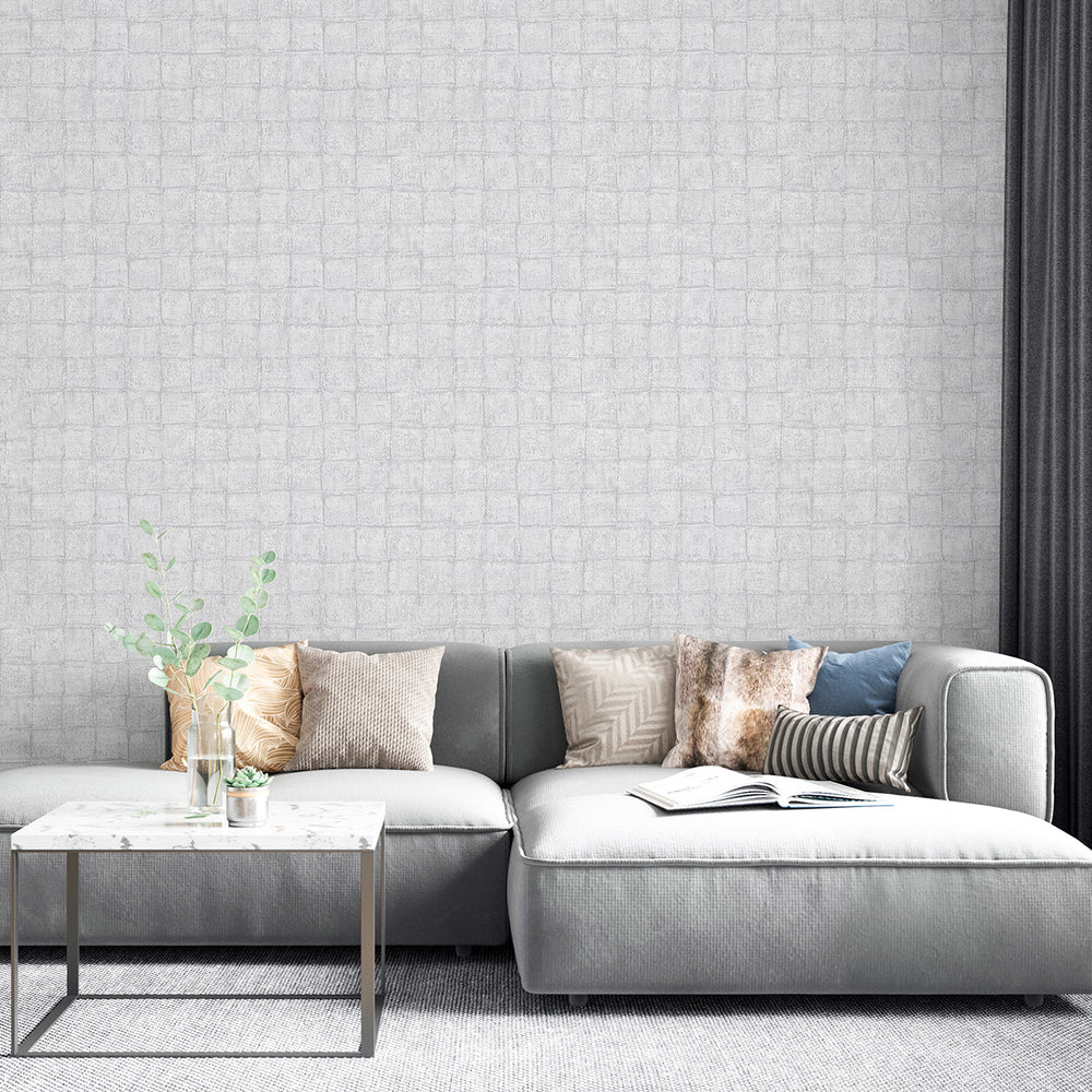 Текстилен ефект Тапет Мазилка Квадрати Сиво Ботаника