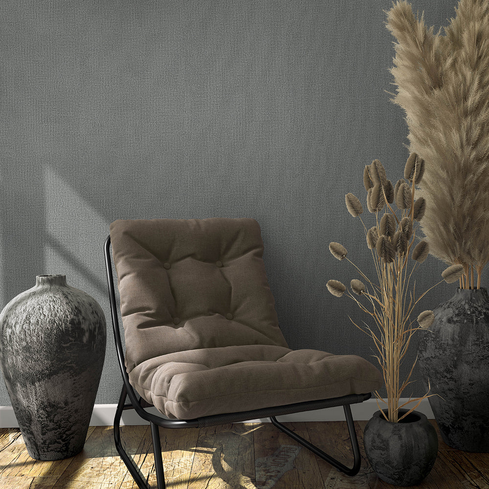 Текстилен ефект Тапет Плат Тъмно сиво Кумано