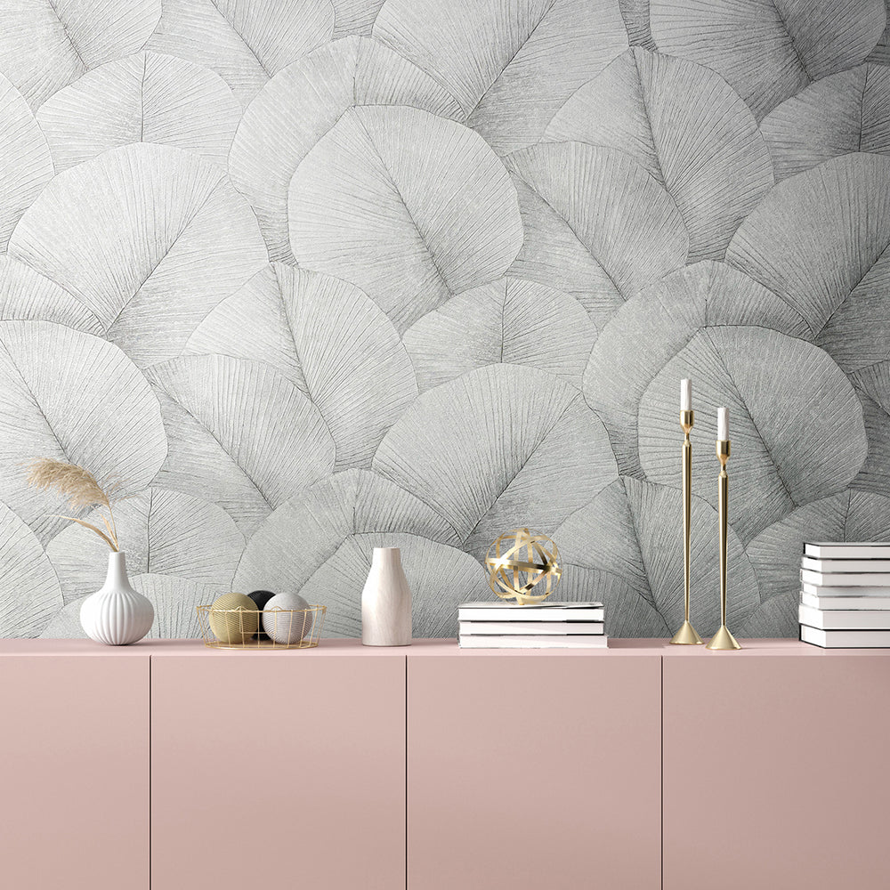 Високоустойчив Тапет Големи листа Светло сиво Кумано