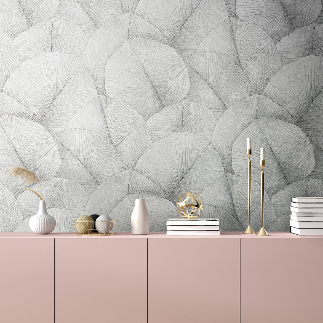 Високоустойчив Тапет Големи листа Светло сиво Кумано