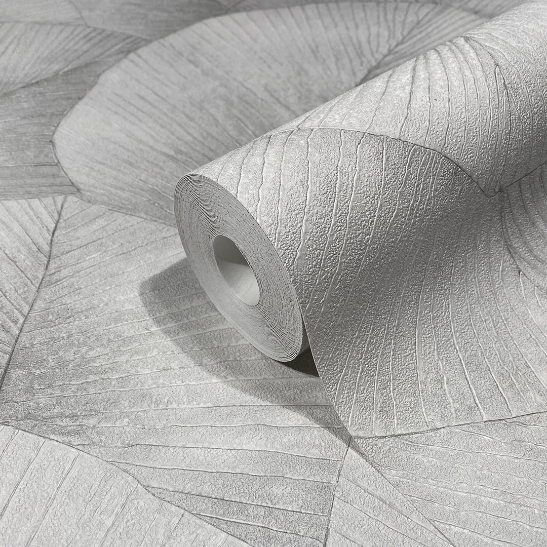 Високоустойчив Тапет Големи листа Светло сиво Кумано