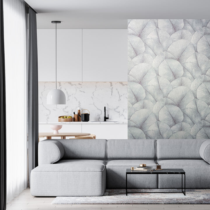 Високоустойчив Тапет Големи листа Сиво Синьо Кумано