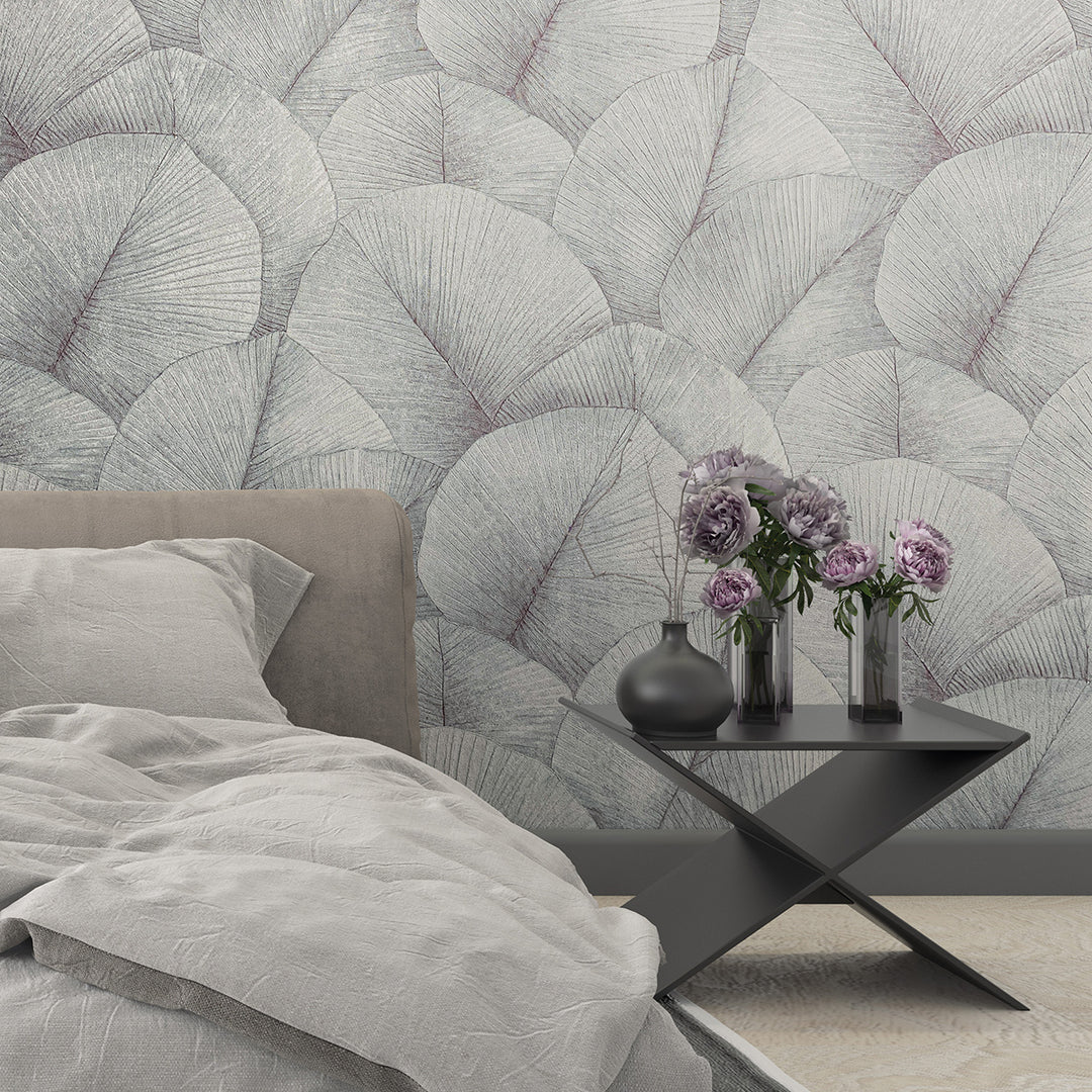 Високоустойчив Тапет Големи листа Сиво Синьо Кумано