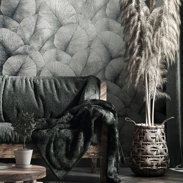 Високоустойчив Тапет Големи листа Сиво зелено Кумано