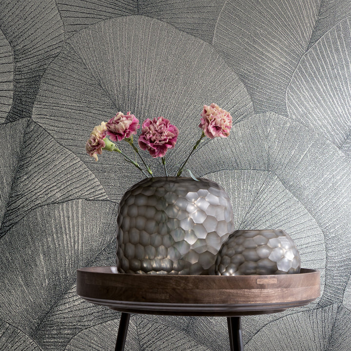 Високоустойчив Тапет Големи листа Сиво зелено Кумано