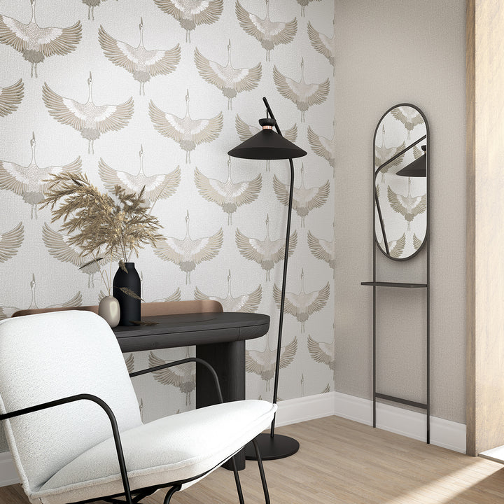 Високоустойчив Тапет Жерави Плат бежово Кумано