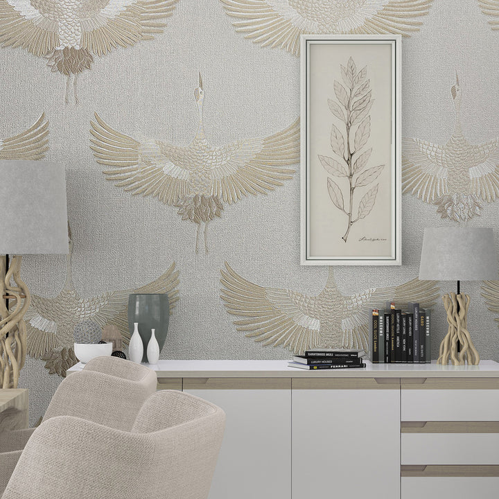 Високоустойчив Тапет Жерави Плат бежово Кумано