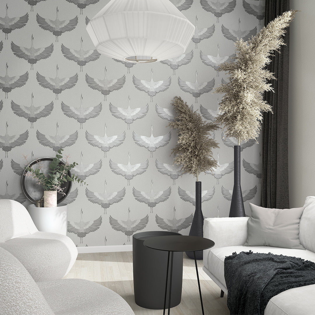 Високоустойчив Тапет Жерави Плат светло сиво Кумано