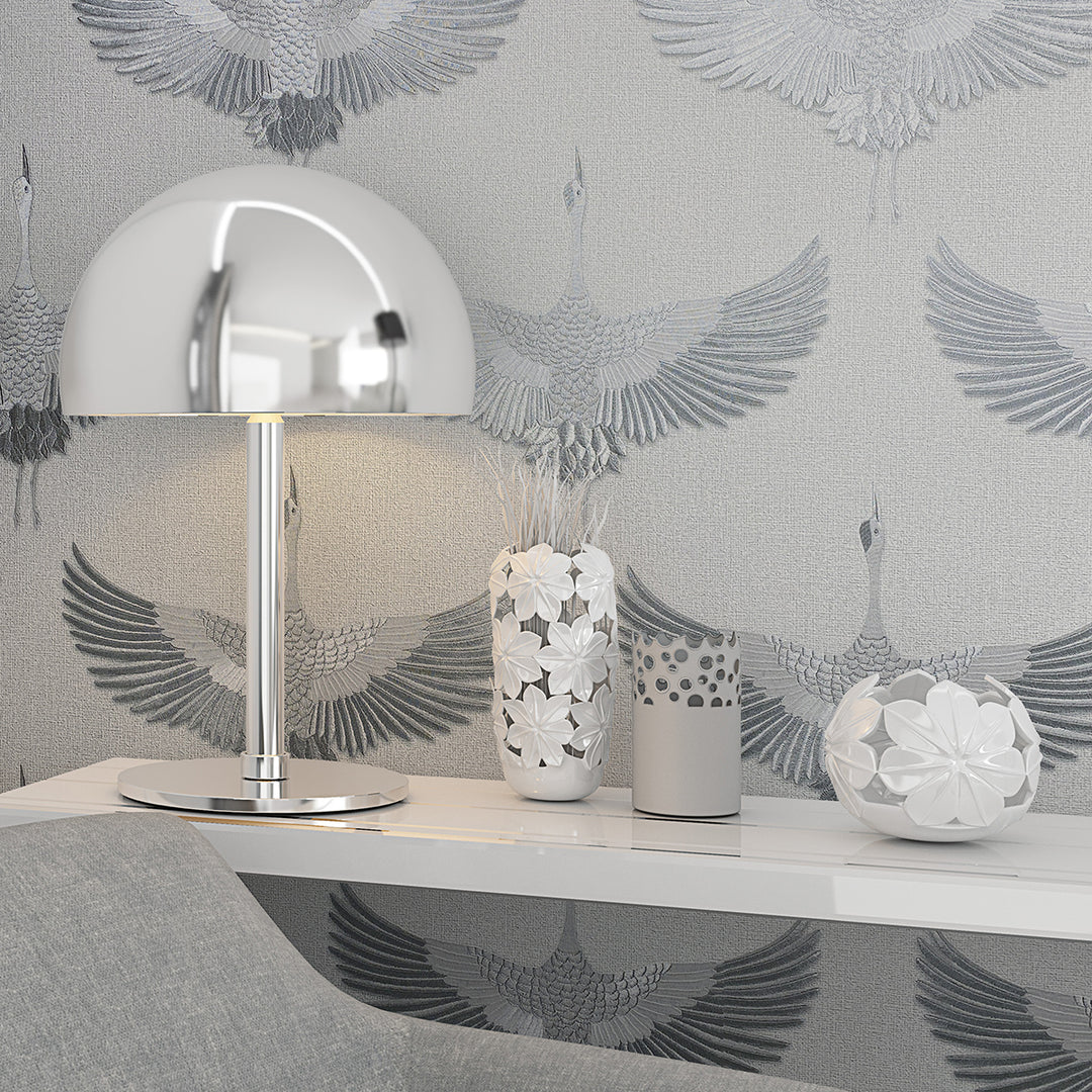 Високоустойчив Тапет Жерави Плат светло сиво Кумано